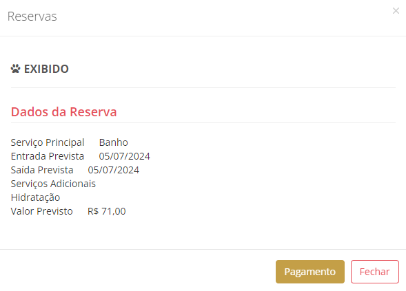 Tela exibida após a reserva ter sido realizada.
